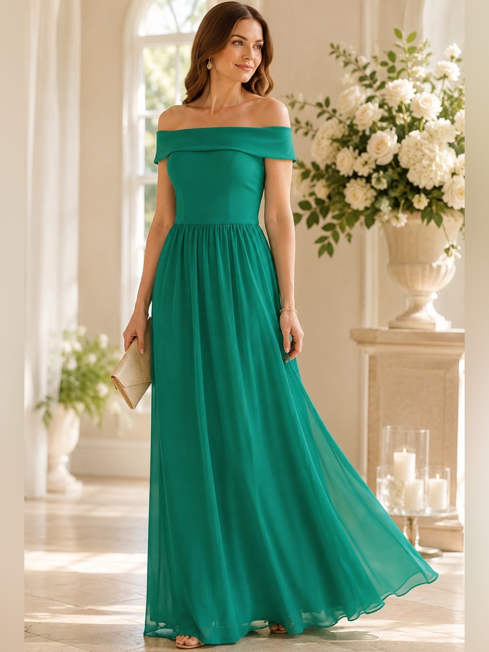 Adrianna Papell Botanical Green Off Shoulder Chiffon Formal Gown Size 16